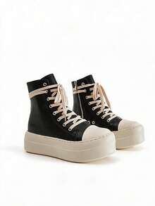 DareSee Thick-Soled Simple Fashion Sneakers, Women's Side Zipper Lace-Up Candy Colored Shoes With High Tops, Plus Size - Black - View 1