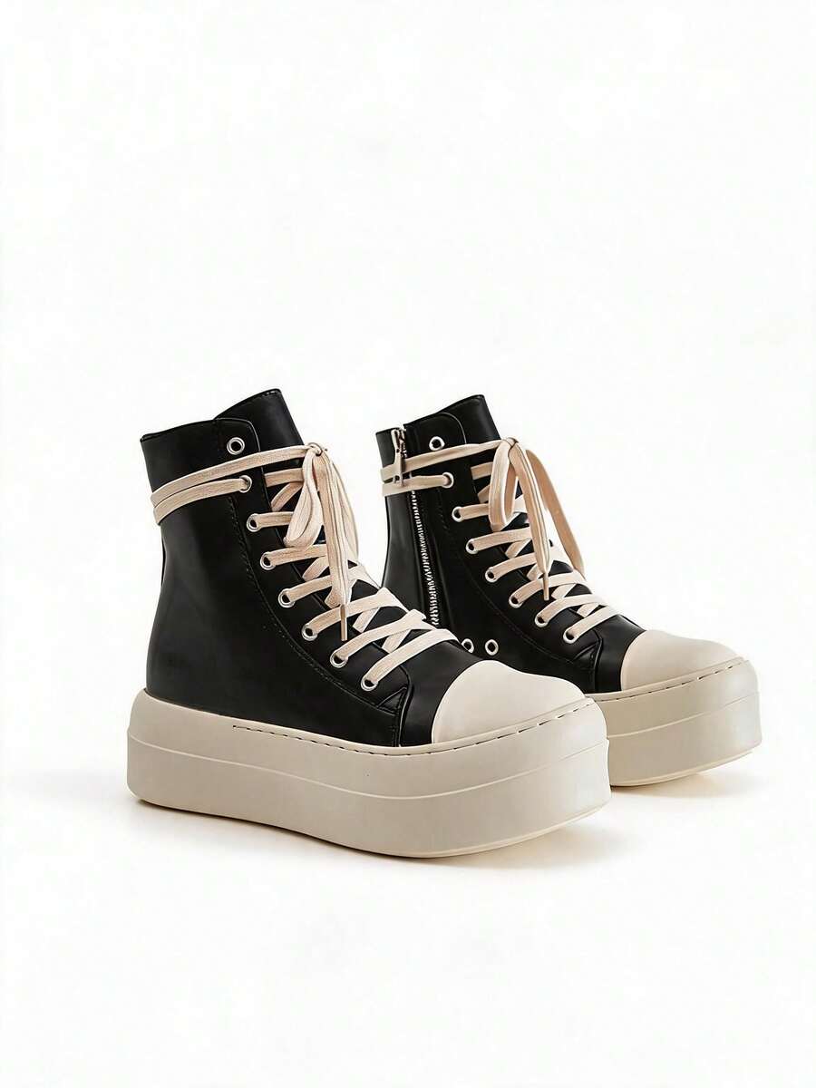 DareSee Thick-Soled Simple Fashion Sneakers, Women's Side Zipper Lace-Up Candy Colored Shoes With High Tops, Plus Size - Black - View 1