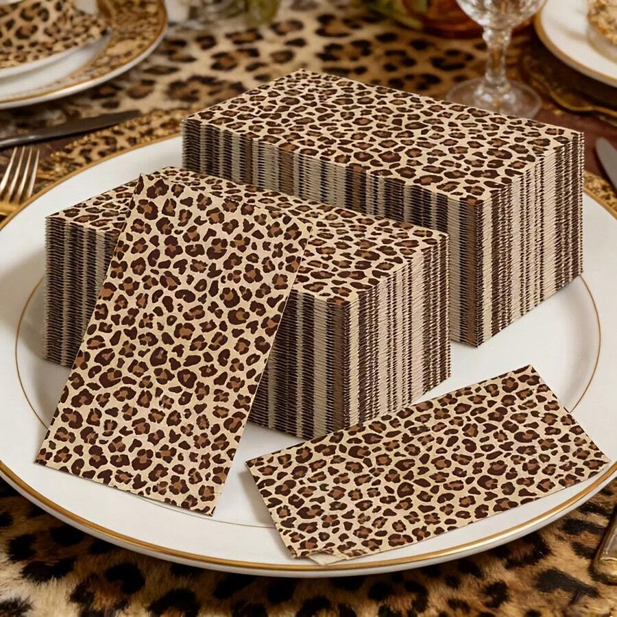 10pcs Long Leopard Print Theme Party Napkins, Fashionable Pattern, Suitable For Table Decor, Ideal Choice For Birthday, Wedding And Various Celebration Occasions, Christmas, New Year And Valentine's Day Party Events - View 1