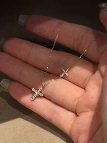 1pc Niche Creative Super Shiny Double Cross Necklace, Suitable For Women's Daily And Party Wear - Yellow Gold - View 5