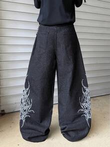 1pc Vintage American Street Style Embroidered Loose Fit Relaxed Straight Leg Jeans, Comfortable & Versatile For All Seasons (Excluding Belt & Accessories) - Black - View 2