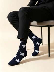 Men's Navy Blue Base White Five-Pointed Star Ribbed Cuff Combed Cotton Breathable Casual Mid-Calf Socks For Daily Commute - Navy Blue - View 2