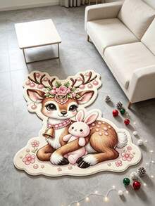1pc Pink Rose Pearl Floral Deer Shaped Faux Cashmere Rug, Decorative Rug, Bedroom Decor, Small Rug, Rug, Home Decor, Living Room Rug, Living Room Small Rug, Bedroom Rug, Living Room Home Decor, Outdoor Rug, Washable Rug - Multicolor - View 2