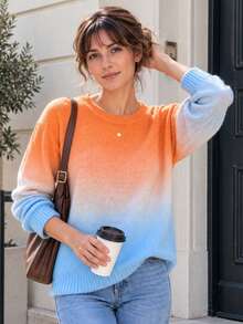 Women's Elegant Gradient Crew Neck Pullover Sweater, Ribbed Knit Detail, Medium Stretch, Suitable For Autumn/Winter Daily Wear - Orange - View 2