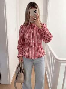 Women's Plaid Print Cinched Waist Ruffle Blouse, Long Sleeve Ruffle Collar Button Front Shirt, Soft Woven Fabric, Slim Fit Flattering, Suitable For Weekend Casual And Daily Commute - Multicolor - View 3