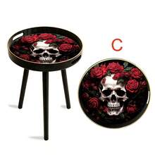 Halloween Gothic Round Side Table, Skull & Red Rose Print Tray‑Top End Table, Fall Spooky Home Decor, Portable Accent Coffee Table With Handle For Party Living Room Bedroom,Removable - Black - View 9