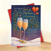 1 Greeting Card + 1 Envelope Elegant Christmas Card Champagne Glass Heart Design "Love For You Two" Suitable For Son And Partner Holiday Art Card - Multicolor - View 7