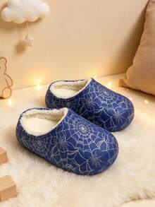 1 Pair Spider Web Pattern Fleece Slip-On Kids Shoes, Warm & Comfortable House Shoes, Suitable For Indoor & Outdoor Daily Wear - Blue - View 11