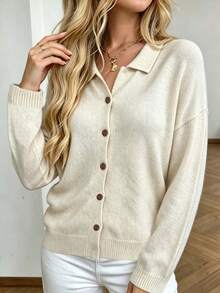Plus Size Solid Color Casual Button-Up Collared Knit Long Sleeve Cardigan - Apricot - View 7