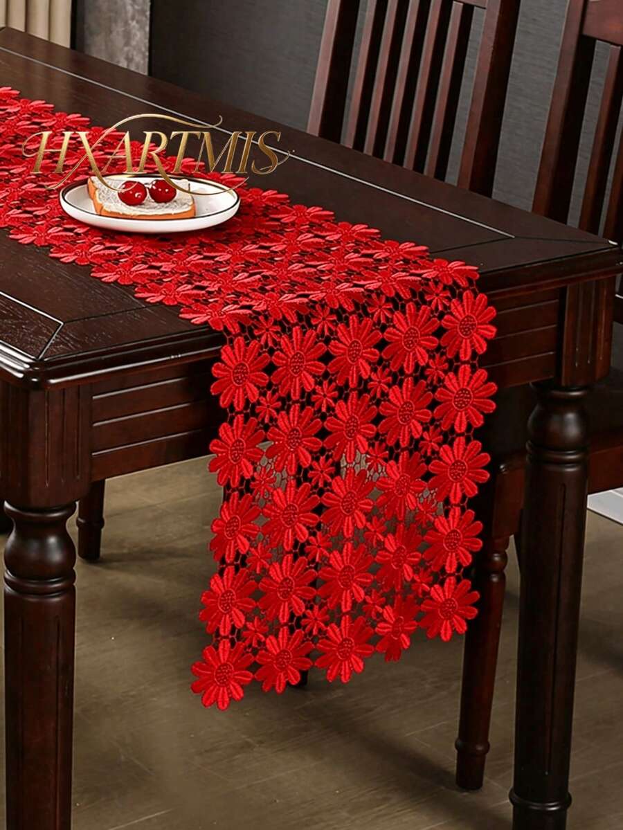 HXARTMIS 1PC Multicolor Daisy Hollow Crochet Lace Table Runner, Lightweight Floral Mesh Tablecloth, Long Dressing Table Decor Flag, Suitable For Dining Table, Wedding, Tea Party, Kitchen And Home Decor