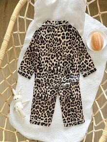 Baby Girls' Cute Leopard Print Lapel Long Sleeve Pajama Set - Multicolor - View 2