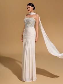 Elegant Mermaid Ball Gown, Women's Strapless Backless Cocktail Dress, Decorated With Sequins And Pearls, Ruched Design - Apricot - View 8