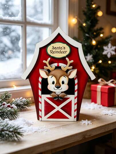 1Pc Wooden Santa's Reindeer Barn Tabletop Decor, Cute Cartoon Reindeer Wood House Sign, Festive Christmas Farmhouse Style Desktop Ornament For Shelf Mantel Fireplace Table Centerpiece, Xmas Holiday Home Party Decoration, Ideal Christmas Gift For
