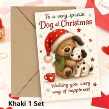 1/3 Sets Two Hugging Puppies Santa Hat Cute Pet Themed Christmas Greeting Card, Snowflake Accent Layout, Sweet Neutral Animal Lover Holiday Card - A - View 9