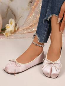 Women's New Split Toe Bow Flat Ballet Shoes Gold Foil Elegant Vacation Avant-Garde - Pink - View 6