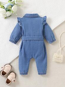Baby Girl Denim Romper With Turn Collar, Ruffle Hem, Pink Bow Embroidery, Cuffed Long Sleeves, Autumn Fashion Infant Outdoor Crawler - Medium Wash - View 8