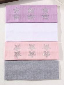 2pcs/4pcs Women's Ribbed Knit Headband Set, Rhinestone Star Wide Elastic Headband, Y2K Street Style Soft Elastic Hairband, Suitable For Autumn/Winter Sports, Yoga, Daily Makeup, Face Washing Hair Accessory - Multicolor - View 2
