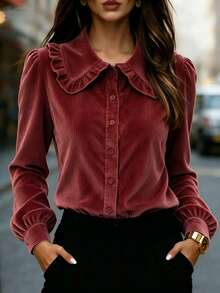 Kemeja Kasual Wanita Bahan Korduroi Warna Polos dengan Kerah Berumbai untuk Musim Gugur/Dingin - Burgundy - View 5