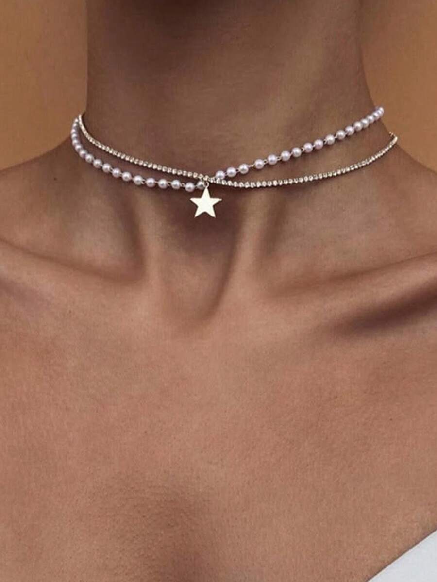 STONEFANS 1pc Silver Sweet Double Layer Star Pendant Necklace, Faux Pearl Sparkling Rhinestone Double Layer Necklace For Women - Silver - View 1