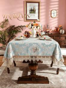HXARTMIS 1PC Vintage Floral Lace Trim Square Tablecloth, Light Blue Jacquard Pattern Washable Fabric Dining Table Cover, Suitable For Restaurant Kitchen Home Decor - Baby Blue - View 1