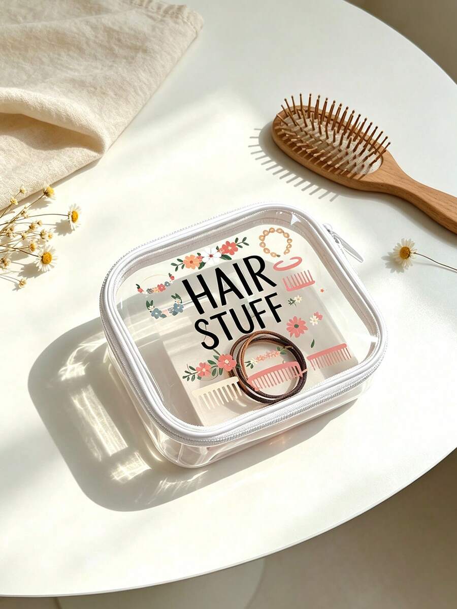 The "Hair Stuff" Pattern Double Zipper Transparent Storage Bag, Hair Accessory Storage Bag, Multi-Purpose Portable Small Item Box, Makeup Sponge Organizing Bag, Easy To Classify And Store Powder Puff Cotton Swabs And Miscellaneous Small Items - Multicolor - View 1
