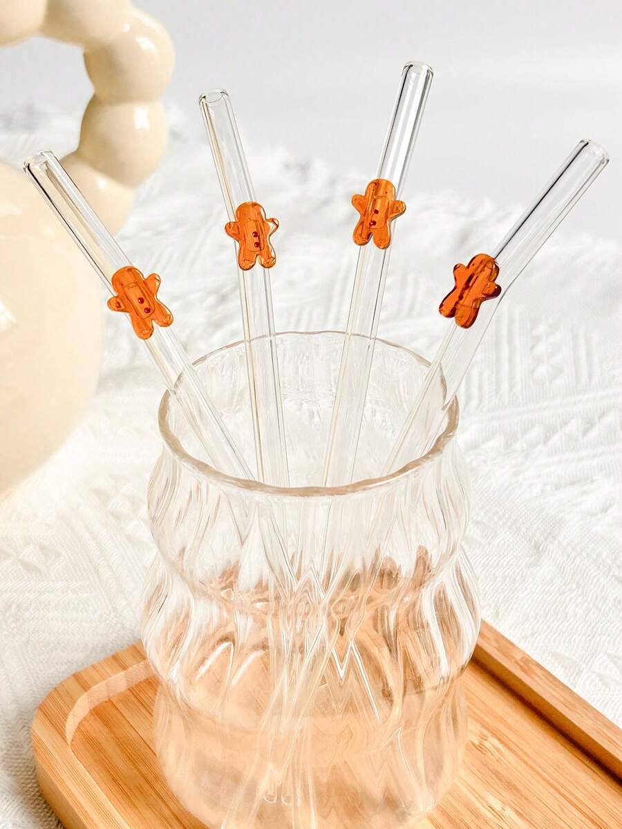 2/4Pcs Christmas Gingerbread Man Charm Glass Drinking Straws,For Water Cup,Reusable Bent Clear Thick Glass Straw Cutlery Set,For Kitchen Accessaries,Straw Topper,Cold Drinks,Milk Tea,Coffee,Bar,Home,Yule Picks,Seasonal Steals,Winter Holiday Supplies. - View 1