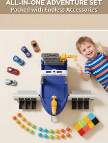 Mainan Mobil Kapal Kargo Kontainer Shark Mega Wheel Dilengkapi Dermaga Pemuatan Kontainer, Meriam Peluncur Mobil, Garasi Parkir Bertingkat, Ramp Lintasan Berputar & Mobil Balap Mini untuk Anak Laki-laki (Tidak Termasuk 2 Baterai AA) - MultiWarna - View 10