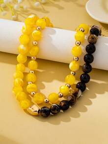 OABE 2pcs/Set Bohemian Style Yellow And Brown Spherical Beaded Necklace, Dual-Color Contrast Design, Layering Style, Suitable For Women's Daily Wear - Multicolor - View 7