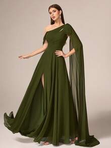 VIPGIRL Elegant Luxury Women's Chiffon Long Formal Dress, Asymmetric Neckline And Pleated Hem Design - Green - View 6