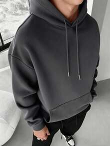 Men's Letter Print Long Sleeve Pocket Drawstring Bodysuit Sweatshirt, Casual For Autumn/Winter - Dark Grey - View 2
