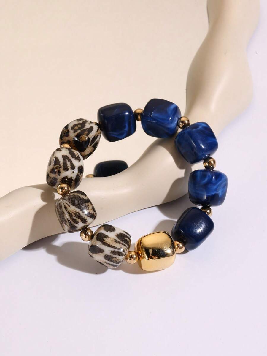 Leopard Print Color Block Square Bead Elastic Bracelet, Bohemian Style Colorful Beaded Women's Party & Vacation Hand Accessory - Dark Blue - View 1