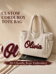 Personalized Corduroy Bag For Women, 3D Yarn Embroidery, Large Capacity, Suitable For Shoulder Or Hand Carry, Perfect As A Birthday Gift. - Multicolor - View 1