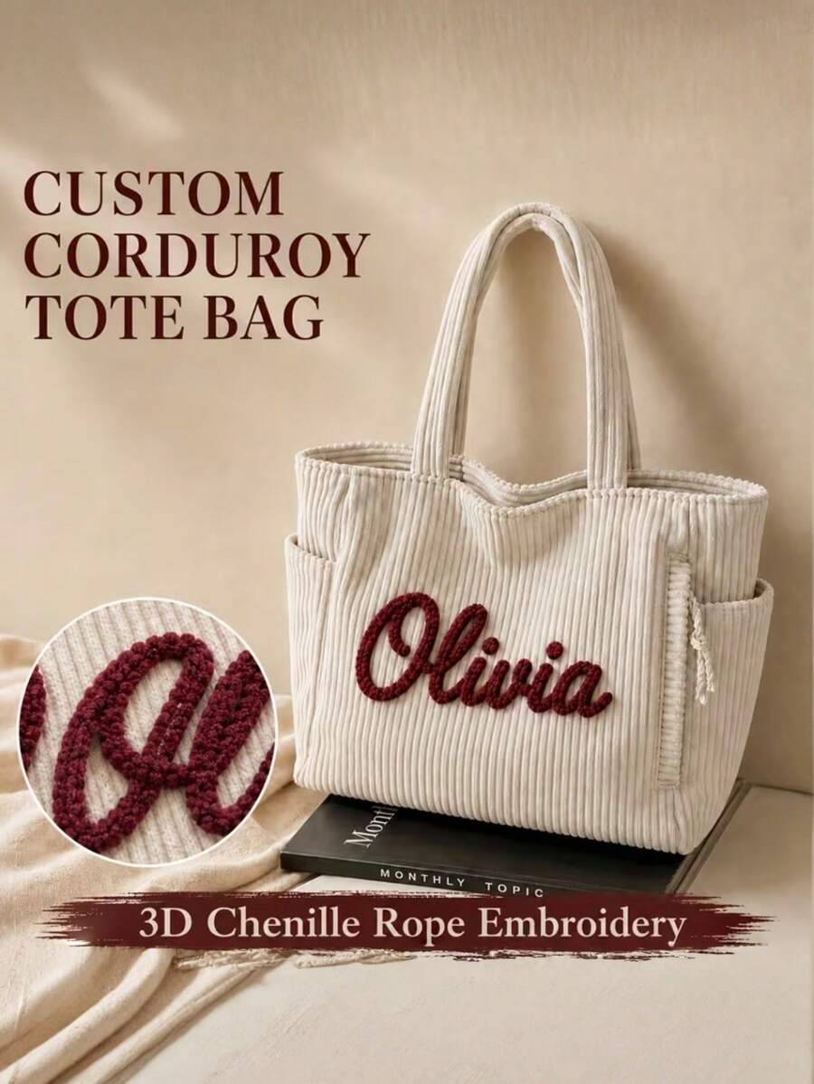 Personalized Corduroy Bag For Women, 3D Yarn Embroidery, Large Capacity, Suitable For Shoulder Or Hand Carry, Perfect As A Birthday Gift. - Multicolor - View 1