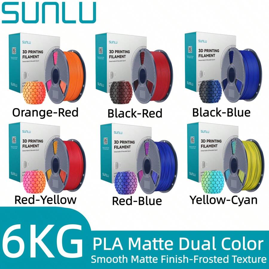 SUNLU 6KG خيوط طابعة ثلاثية الأبعاد PLA اللون مطفية، 1.75 مم، تشطيب مطفي، ملمس متجمد، لمعان منخفض، سهلة الطباعة، 6 لفات 1KG - مشاهدة 1
