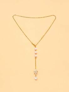1pc Exquisite Floral Rhinestone Pendant Back Necklace, Vertical Pearl Beaded Water Drop Long Tassel Bridal Backless Wedding Dress Floral Pearl Back Chain - Rhinestone - View 13