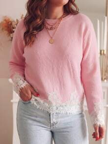 Plus Size Women's Contrast Lace Hem Round Neck Long Sleeve Sweater - Pink - View 5