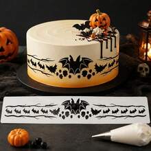 Halloween Cake Border Stencil, Witch Hat/Bat/Bone/Candle/Black Cat Element Pattern Cake Spray Mold, Buttercream/Frosting Cake Decoration Tool, Cake Decor/Handmade DIY/Baking Tool, Handmade Journal Stencil - White - View 5