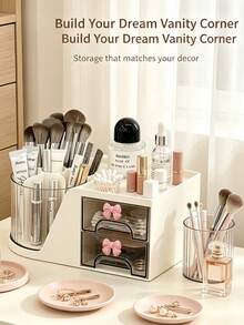 2pcs/1pc Cute Bow Makeup Organizer With Rotating Brush Holder, Large Capacity Cosmetic Storage Drawer, Desktop Vanity Display Case For Lipstick Brushes Jewelry, Bedroom Bathroom Dresser Countertop Storage Container - View 1