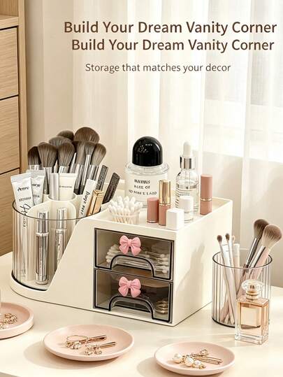 2pcs/1pc Cute Bow Makeup Organizer With Rotating Brush Holder, Large Capacity Cosmetic Storage Drawer, Desktop Vanity Display Case For Lipstick Brushes Jewelry, Bedroom Bathroom Dresser Countertop Storage Container