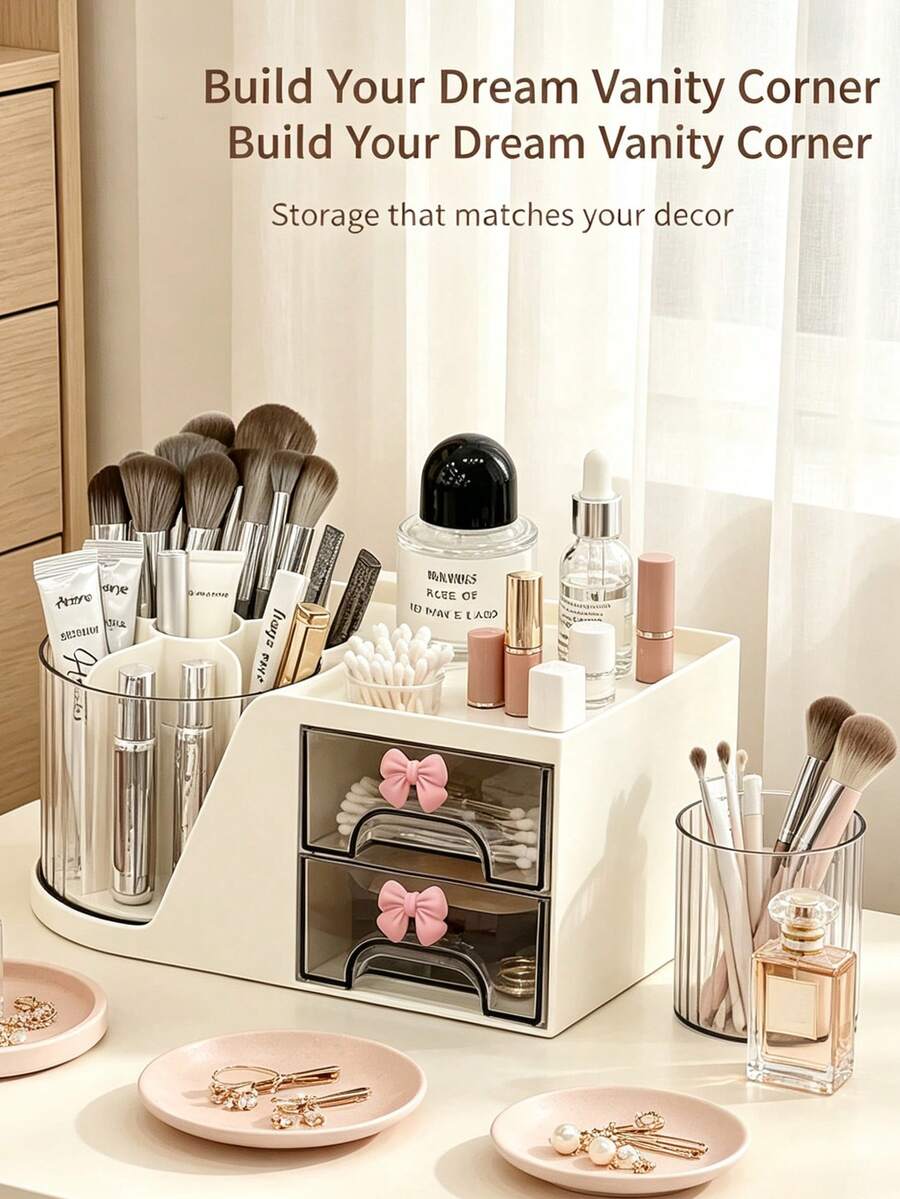 2pcs/1pc Cute Bow Makeup Organizer With Rotating Brush Holder, Large Capacity Cosmetic Storage Drawer, Desktop Vanity Display Case For Lipstick Brushes Jewelry, Bedroom Bathroom Dresser Countertop Storage Container - View 1