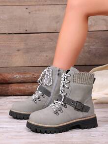 Brand Women's Ankle Combat Boots, Easy Wear, Buckle Accent Strap, Daily Wear - Grey - View 6