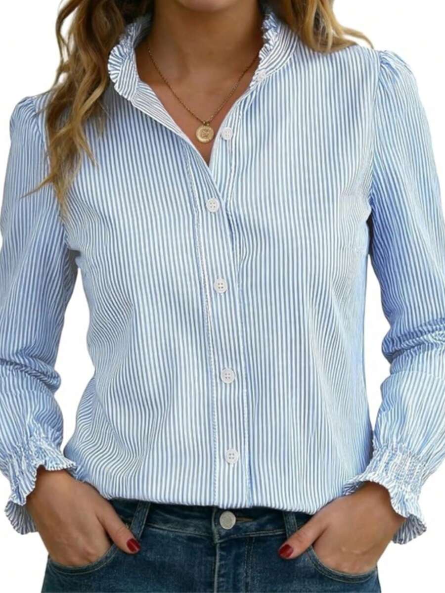 Women's Fashion Striped Colorblock Button-Down Shirt For Commuting - Blue - View 1