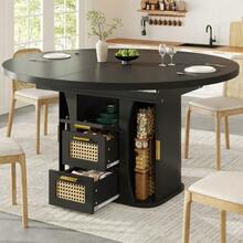Extendable Dining Table With Storage, 118–158 Cm Table With Rattan Drawers, MDF Wood Effect, Black/Natural Wood/Brown - Black - View 4