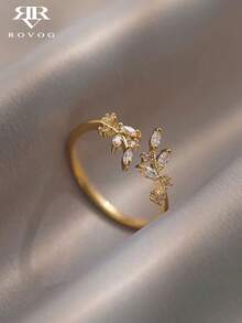 1pc Minimalist Luxury Cubic Zirconia Leaf Open Ring, Suitable For Women Casual And Party Wear - Yellow Gold - View 2