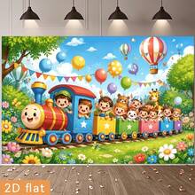 2D Plane 1 Cartoon Happy Train Theme Background, With Colorful Balloons, Flowers And Lovely Animals In The Forest, Suitable For Sending A Decoration, Can Be Used As A Holiday Gift, Suitable For Indoor And Outdoor Activities. - 1 - View 9