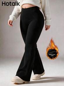 Hotalk Plus Size Winter Thickened Thermal Fleece Lined High-Waisted Flare Leggings - Black - View 2