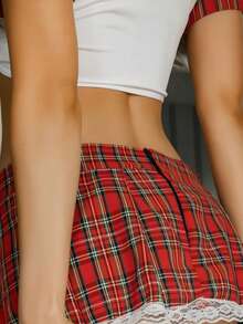 2pcs Red Plaid School Theme Party Outfit Set, Lace Tie Top And Pleated Mini Skirt, Suitable For Halloween Costume Party - Red and White - View 5