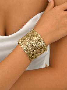 1pc Women's Champagne Wide Open Cuff Bracelet, Glitter Design, Eye-Catching Personalized Accessory, Suitable For Evening Party Looks - Champagne - View 2