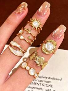 6pcs Fashion Ins Style Vintage Sunflower Moon Star Wave Geometric Oil Drop Rings Set, Stackable, Suitable For Women's Daily Commute, Party And Vacation Wear - White - View 1