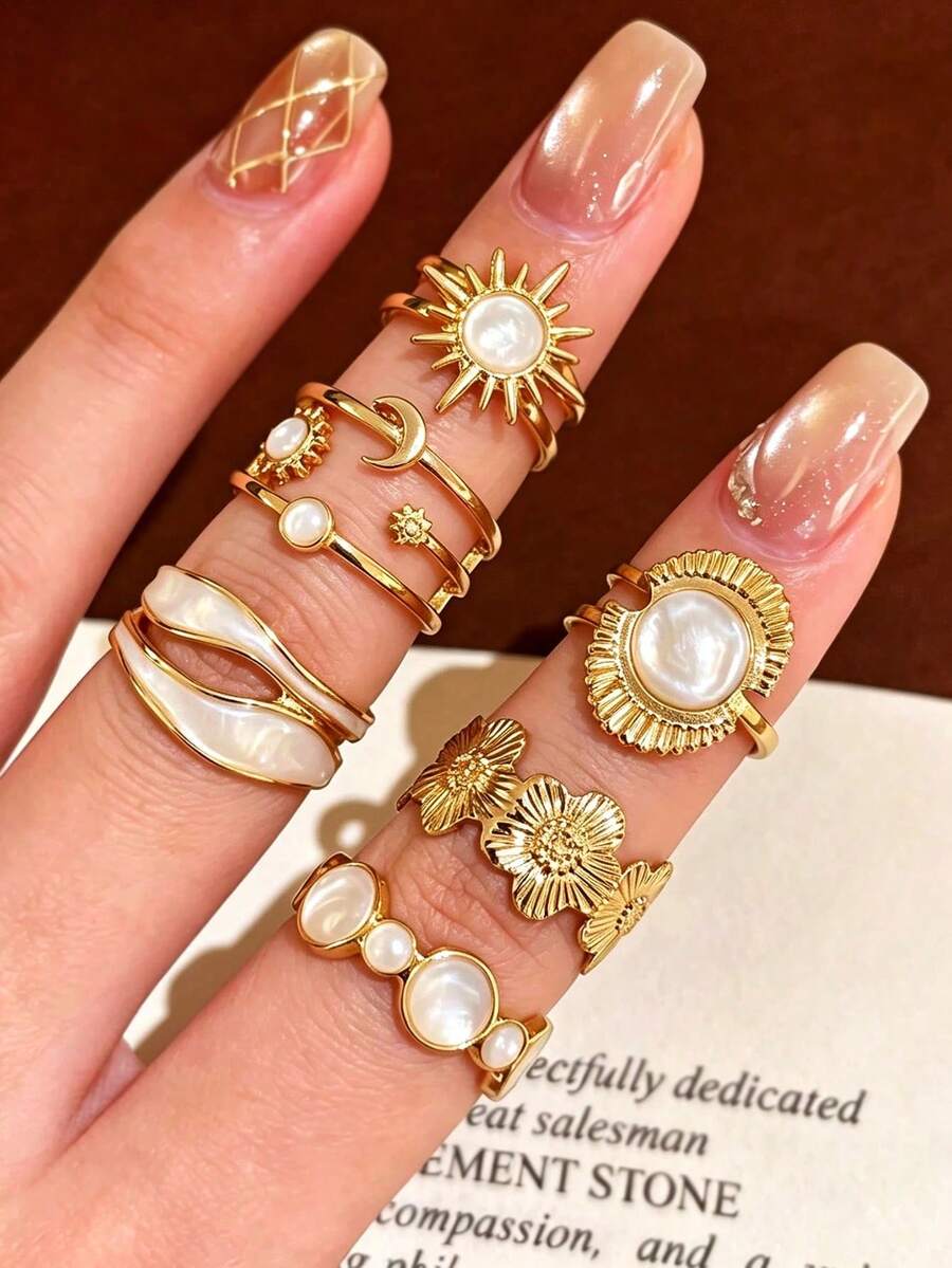 6pcs Fashion Ins Style Vintage Sunflower Moon Star Wave Geometric Oil Drop Rings Set, Stackable, Suitable For Women's Daily Commute, Party And Vacation Wear - White - View 1